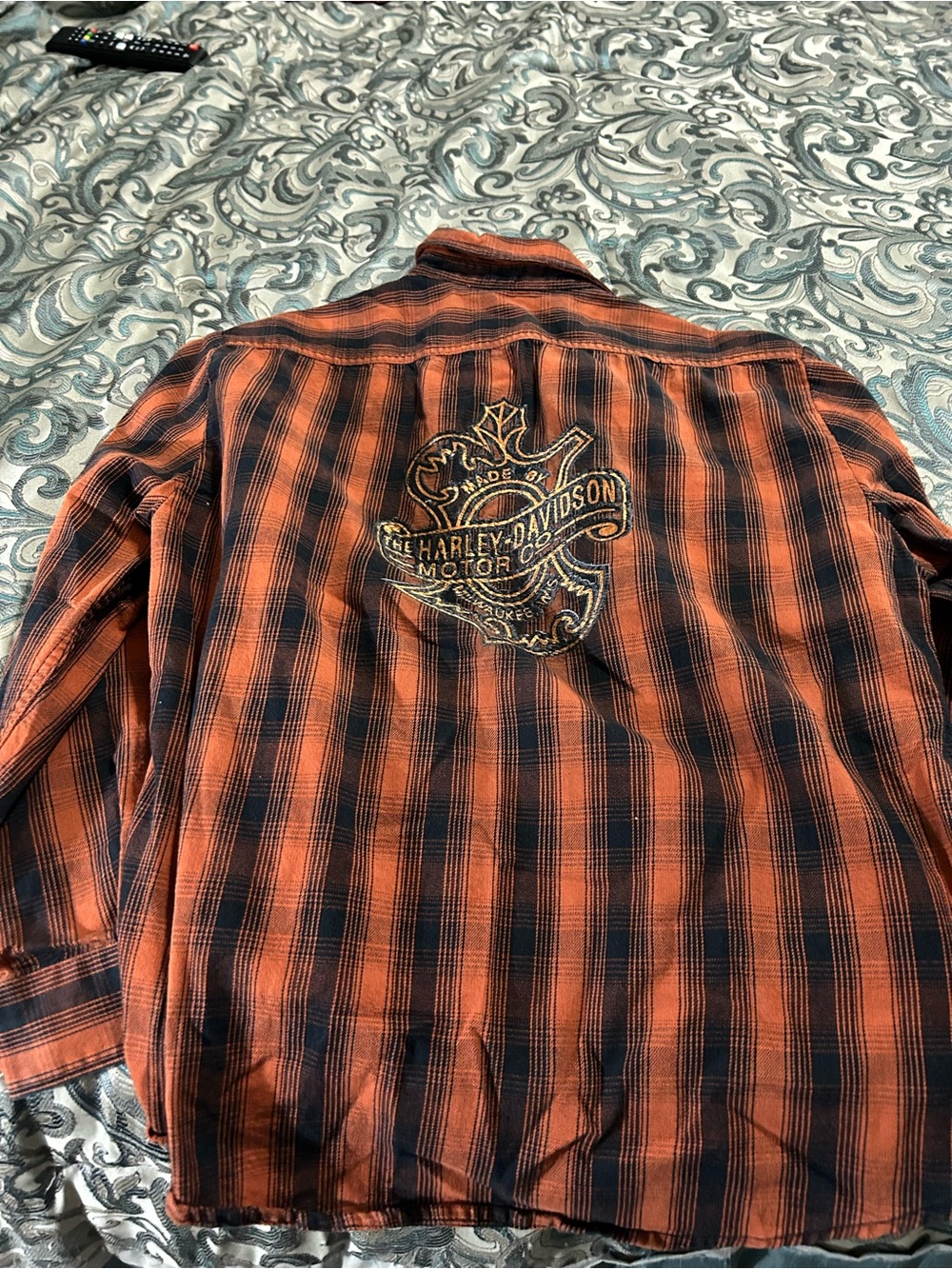 Harley-Davidson Black and Orange Plaid Workshirt with Embroidered Back Patch